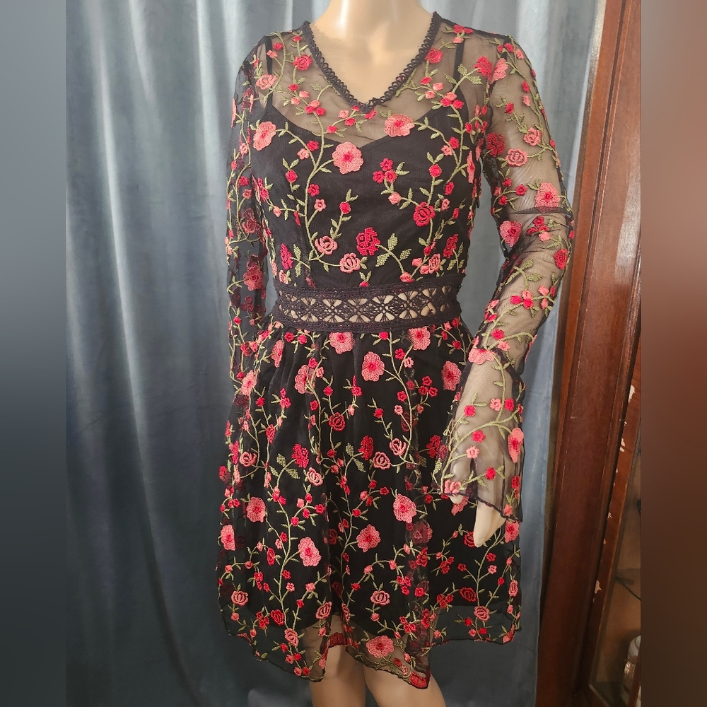 Ultra Pink Embroidered Dress with Bell Sleeves